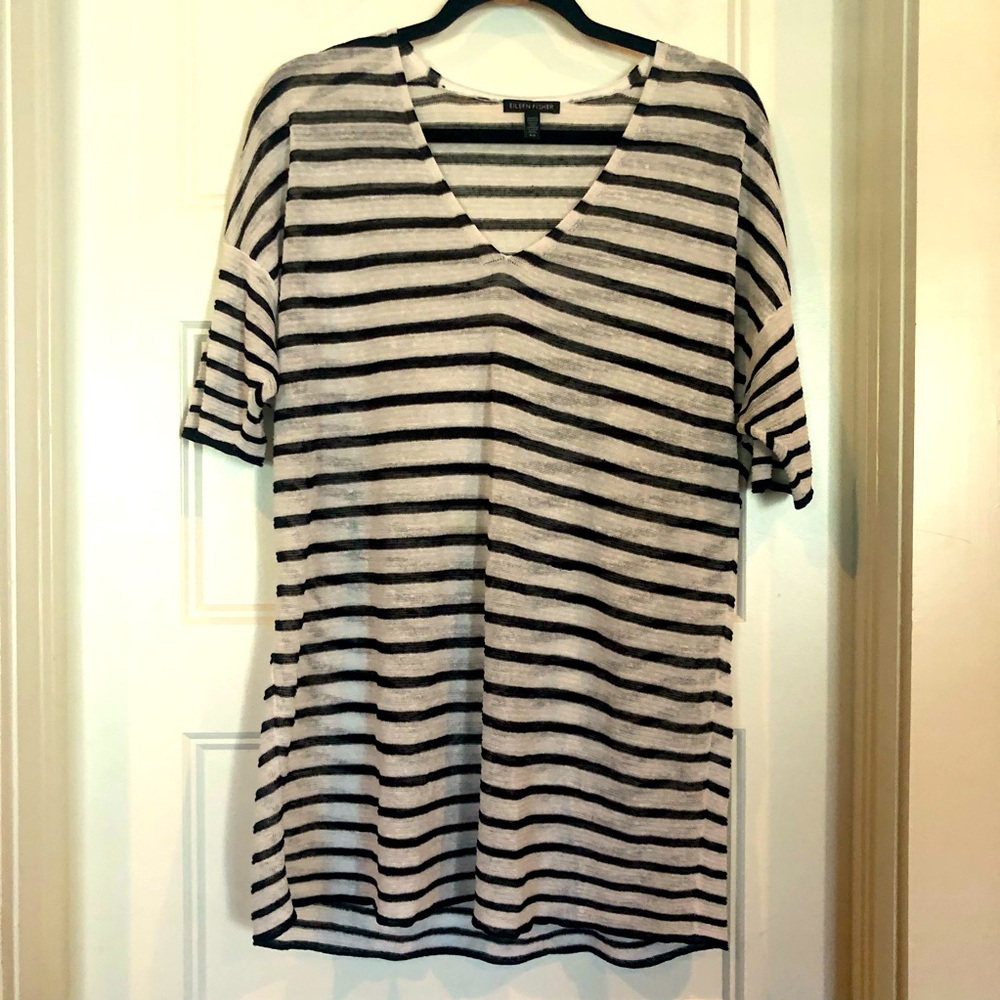 Eileen Fisher Organic Linen Black & White Stripe V Neck Top